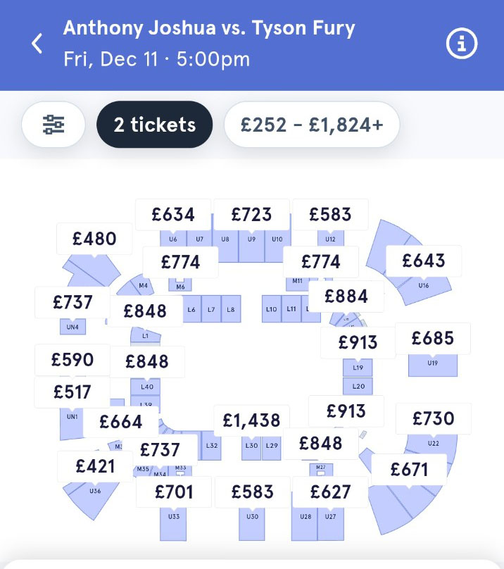 Third-party listings show seats approaching £1,000 — and beyond